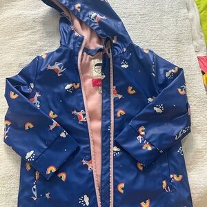 Joules Blue Raincoat with Rainbow and Unicorn Print